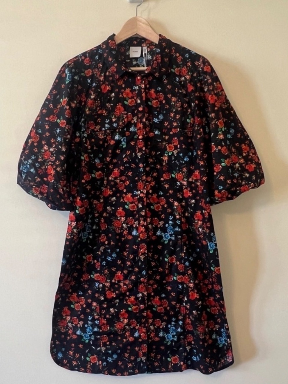 ICHI Kalo Floral Puff Sleeve Cotton Mini Shirt Dress NWT Sz 36 / US Small - Picture 2 of 8